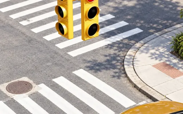 Traffic light on red above a crosswalk