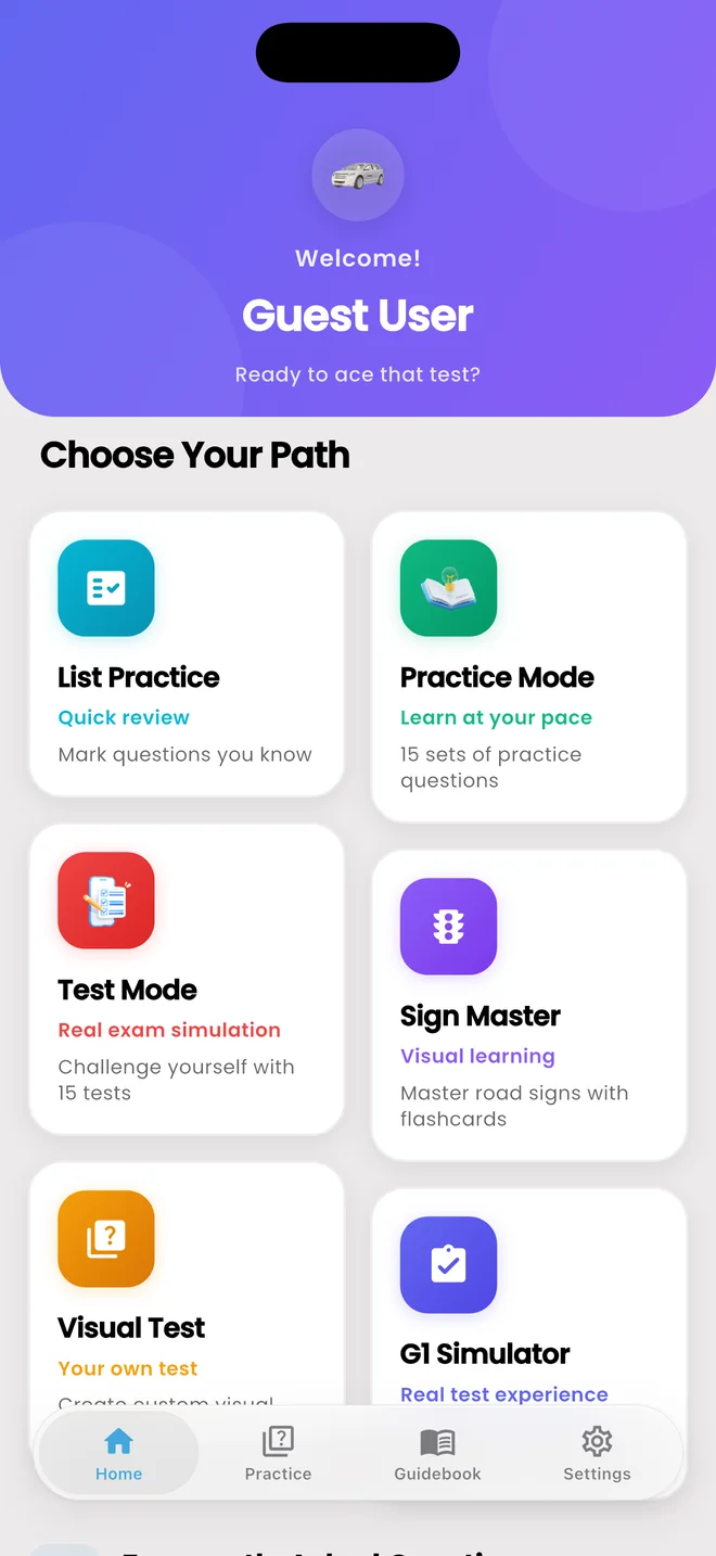 Home screen with six study modes
