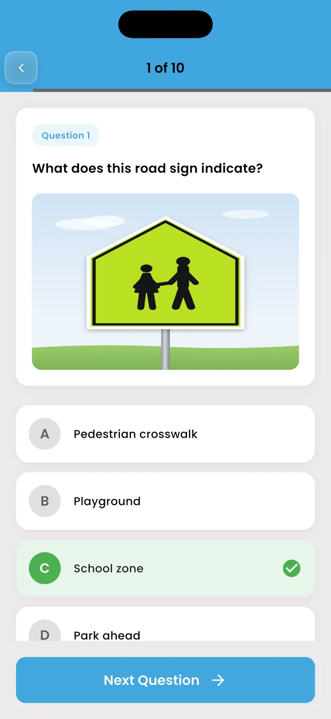 Practice question: a school zone sign, answered correctly